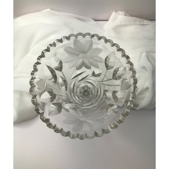 Vintage Crystal Cut/Etched Vase with Flowers & Leaves, sm. chip on foot as shown - Picture 6 of 10